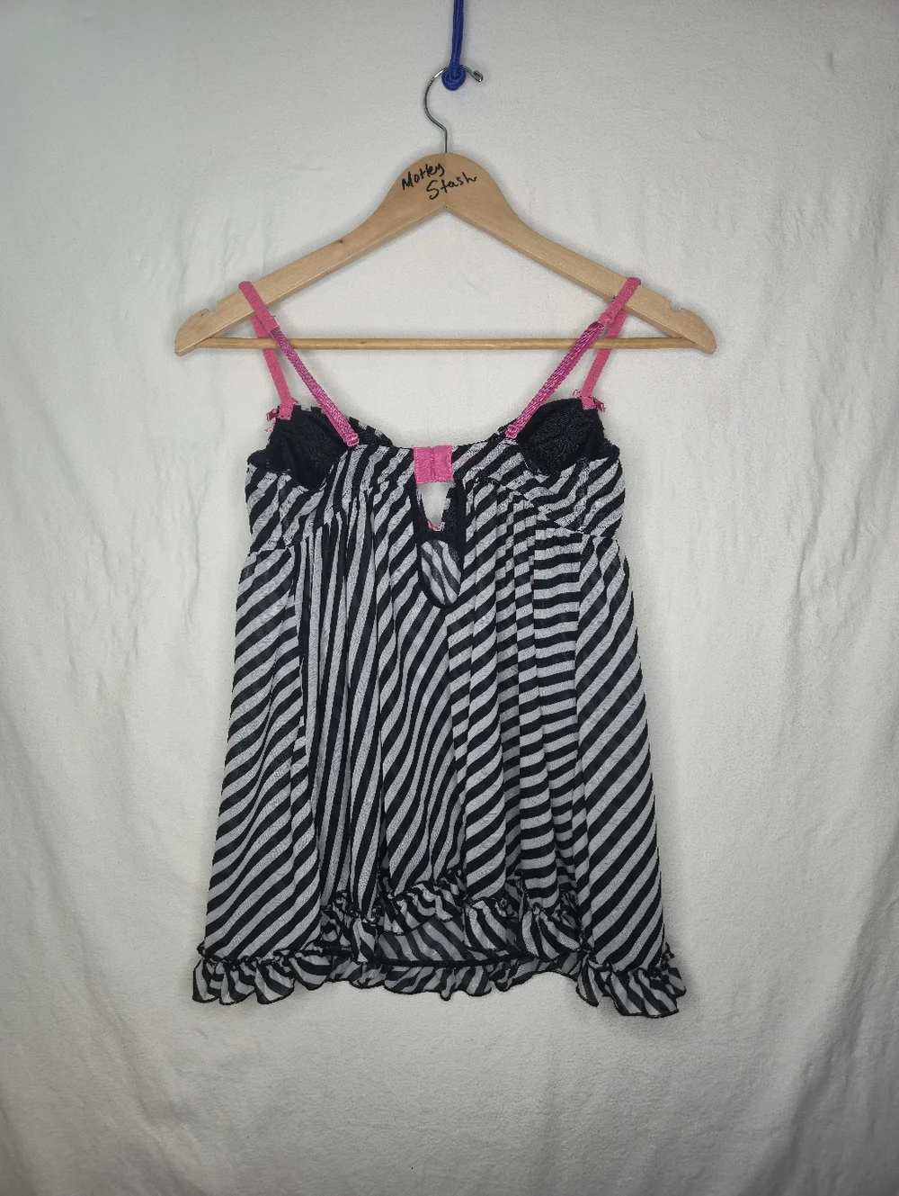 La Senza Black & White Striped Babydoll Chemise with Pink Trim Size Large - Picture 2 of 6